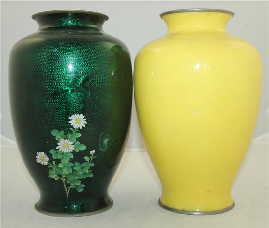 Two Japanese cloisonne enamel ovoid vases, mid 20th century, both 24.5cm, some damage, wood stands